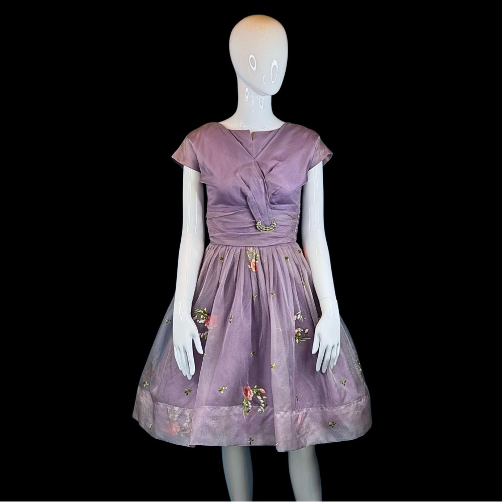50s PURPLE Organza Embroidered New Look Full Skirt Party Dress /  XS XXS